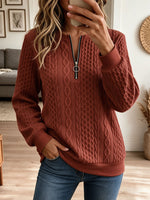 Women Brick Red Cable Textured Half Zip Long Sleeve Pullover Top