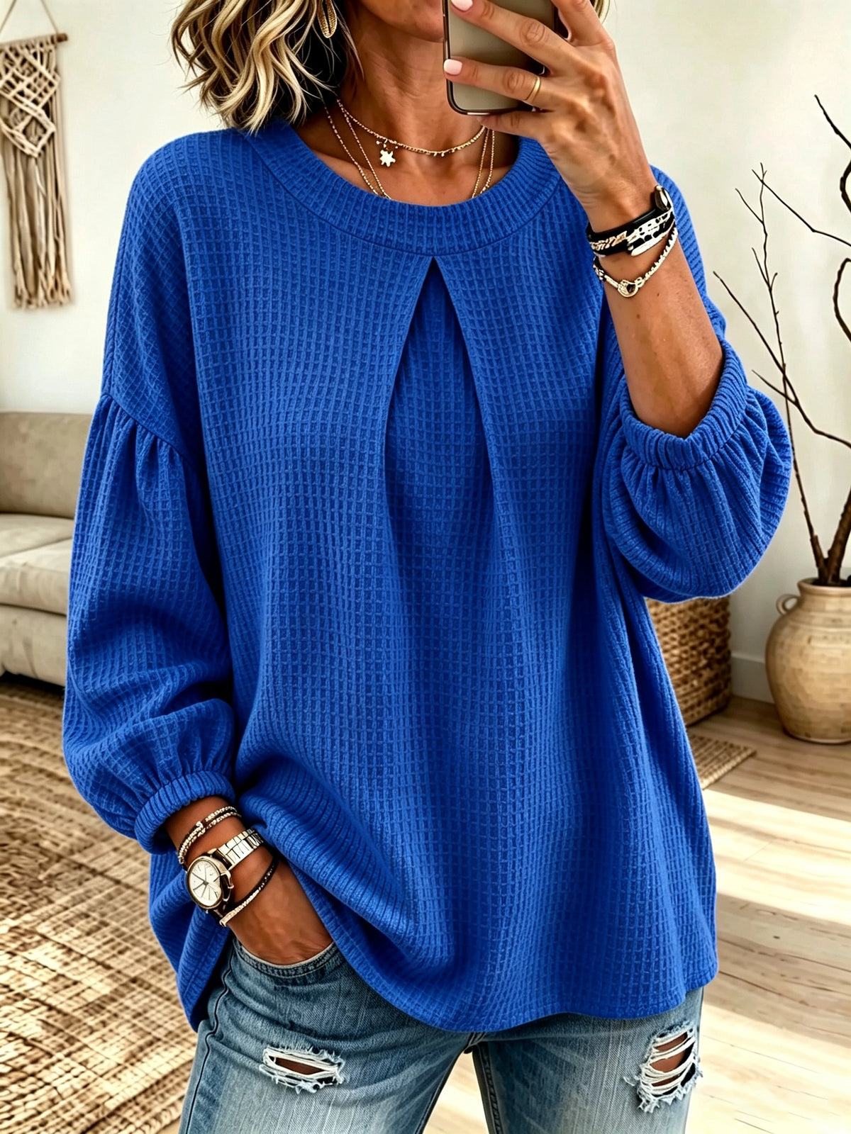 Women's Pleated Waffle Knit Pullover Blouse