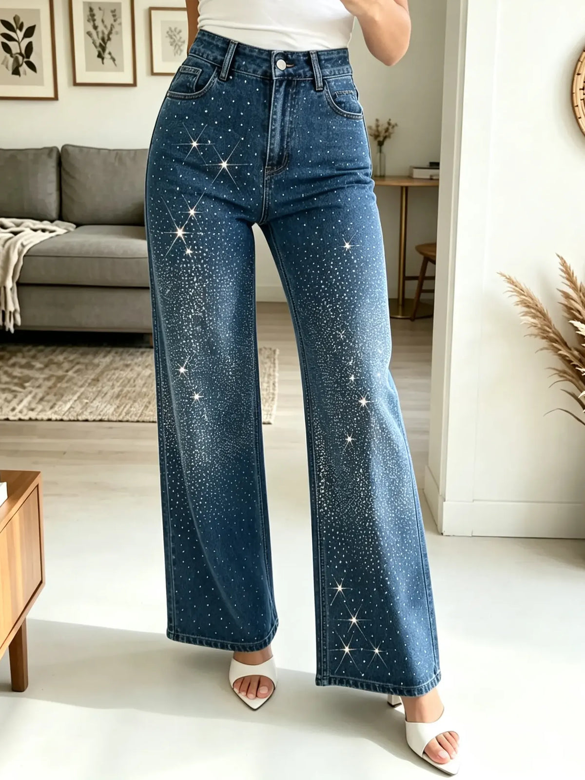 Women's Rhinestone Embellished Wide-Leg Jeans