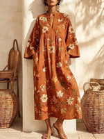 Retro Floral Pattern Art Print Casual V-neck Cotton Linen Maxi Dress