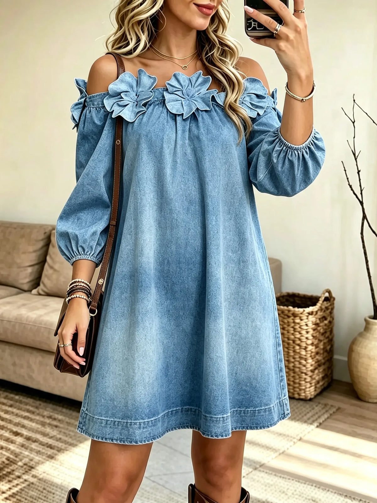 Women's 3D Floral Off-the-Shoulder Denim Mini Dress