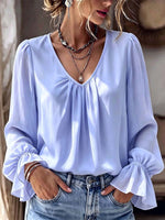Solid Color Ruffle V Collar Art Stylish Casual Long Sleeve Shirt