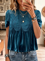 Vintage Elegant Velvet Patchwork Lace Shirt