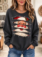 Women's Dark Grey Distressed Santa Peeking Graphic Thermal Sweatshirt