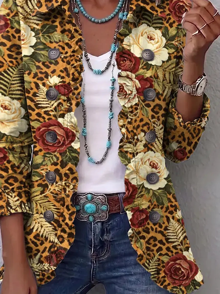 Retro Leopard Floral Art Pattern Print Ruffle Casual Stylish Cotton Lapel Coat