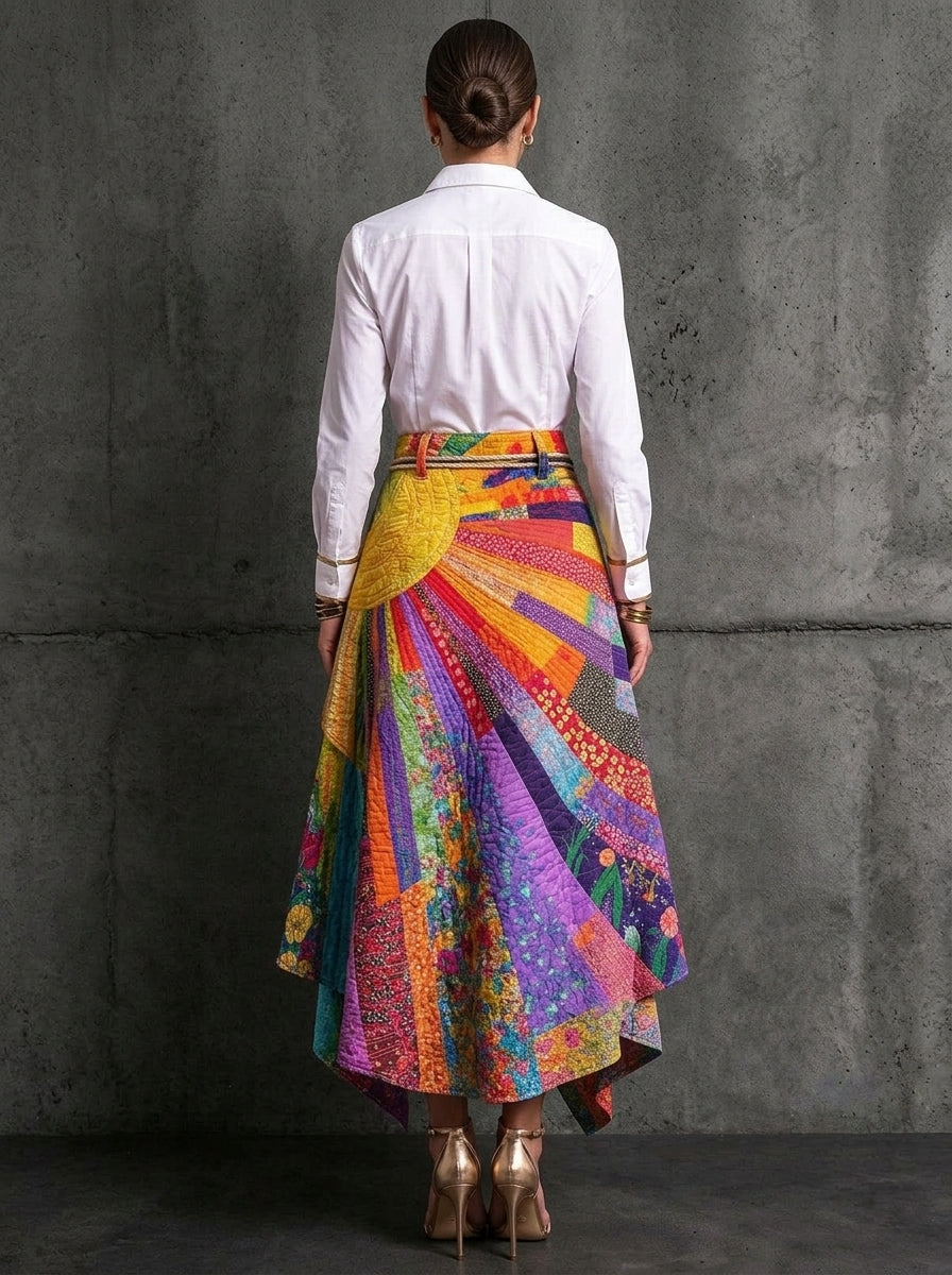 Women Bohemian Patchwork Asymmetrical Midi Skirt with Tassel Tie Waist