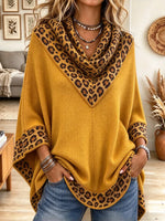 Women's Mustard Yellow Leopard Print Trim Loose Knit Shawl Wrap Pullover Top
