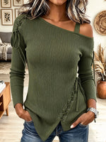 Women's Off Shoulder Ribbed Knit Top Lace Up Asymmetrical Long Sleeve Shirt
