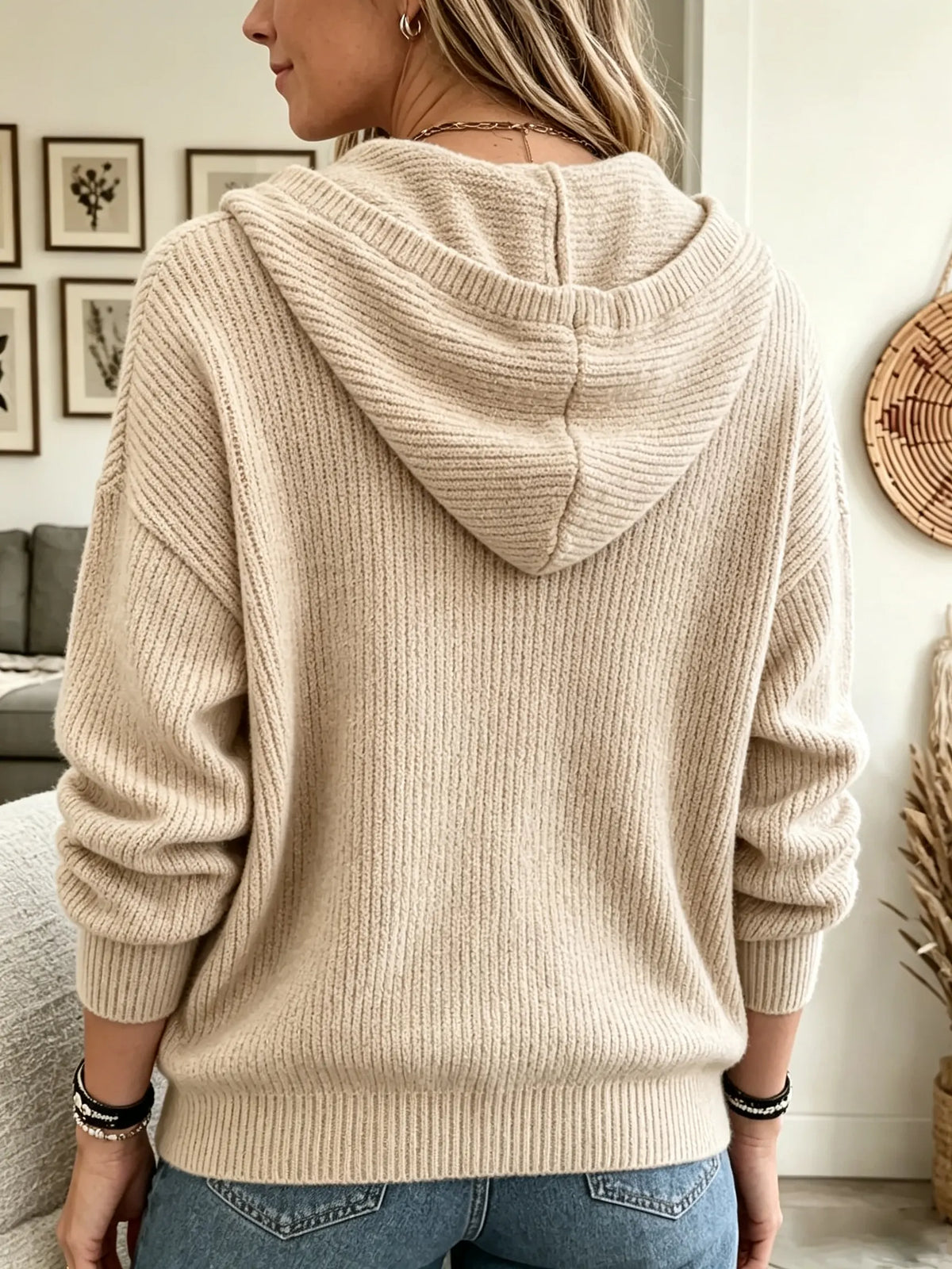 Women's Ribbed Knit Henley Pullover Hoodie