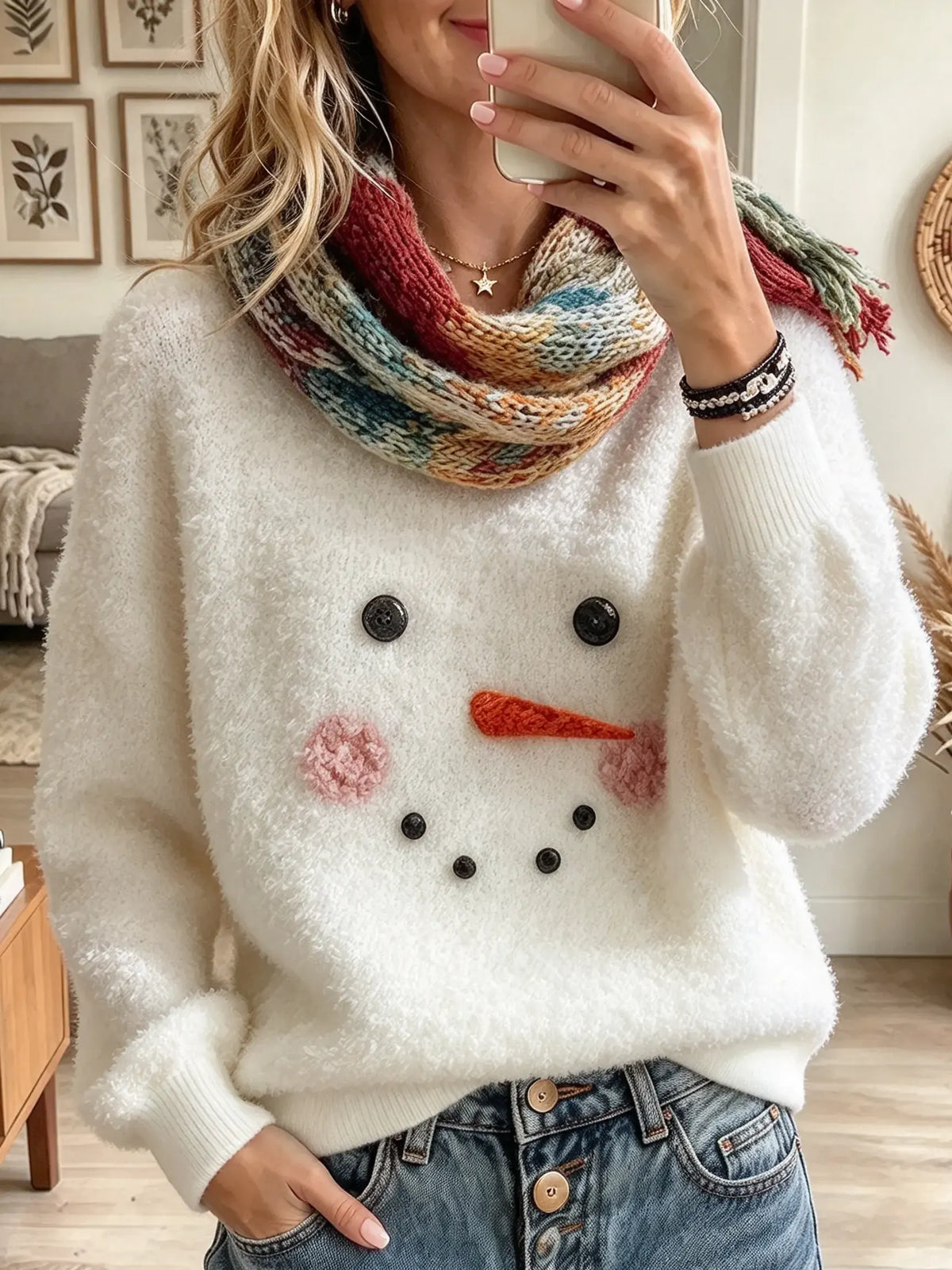 Women's Snowman Plush Holiday Sweater