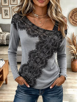 Women's Black Lace Patchwork Grey Top