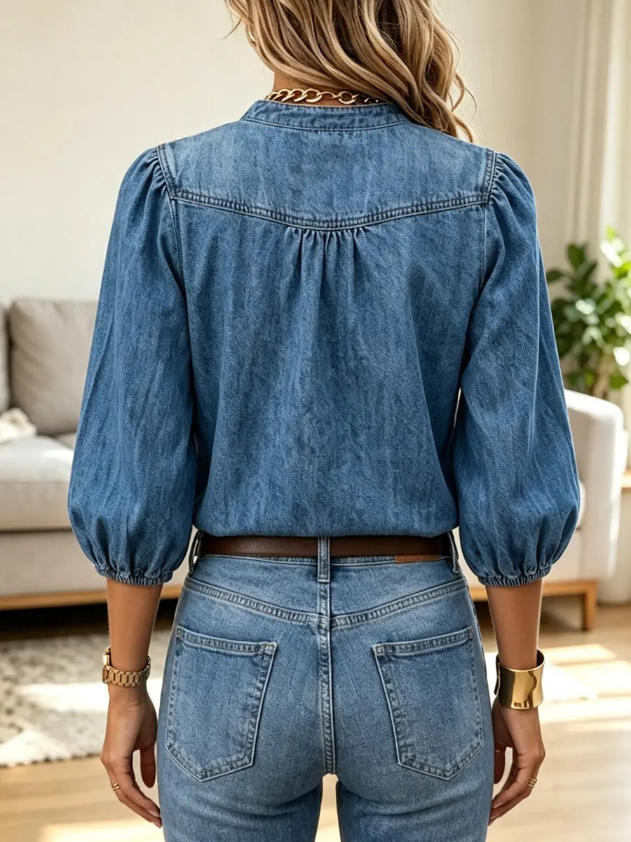 Retro V-neck Art Casual Stylish Button Short Sleeve Denim Shirt