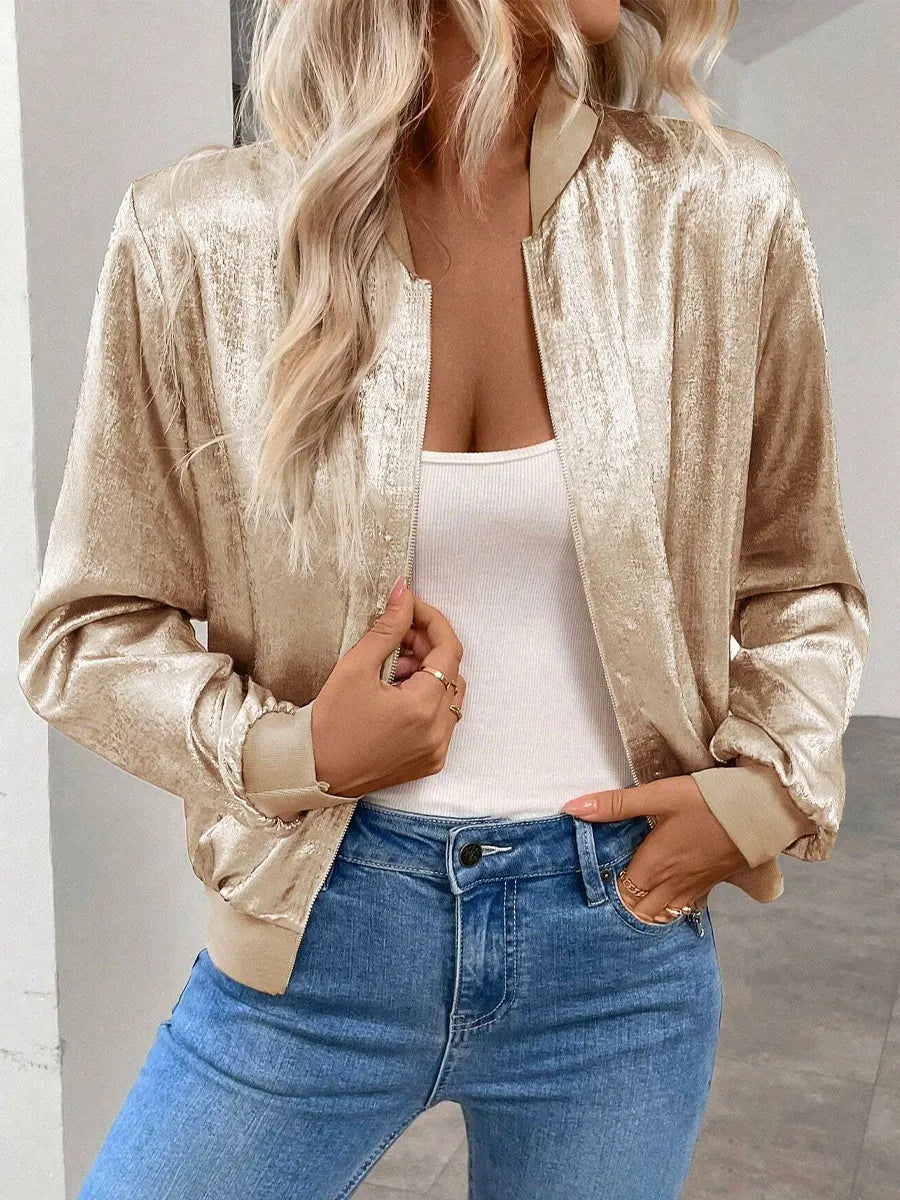 Retro Shiny Loose Casual Stylish Long Sleeve Zip Coat