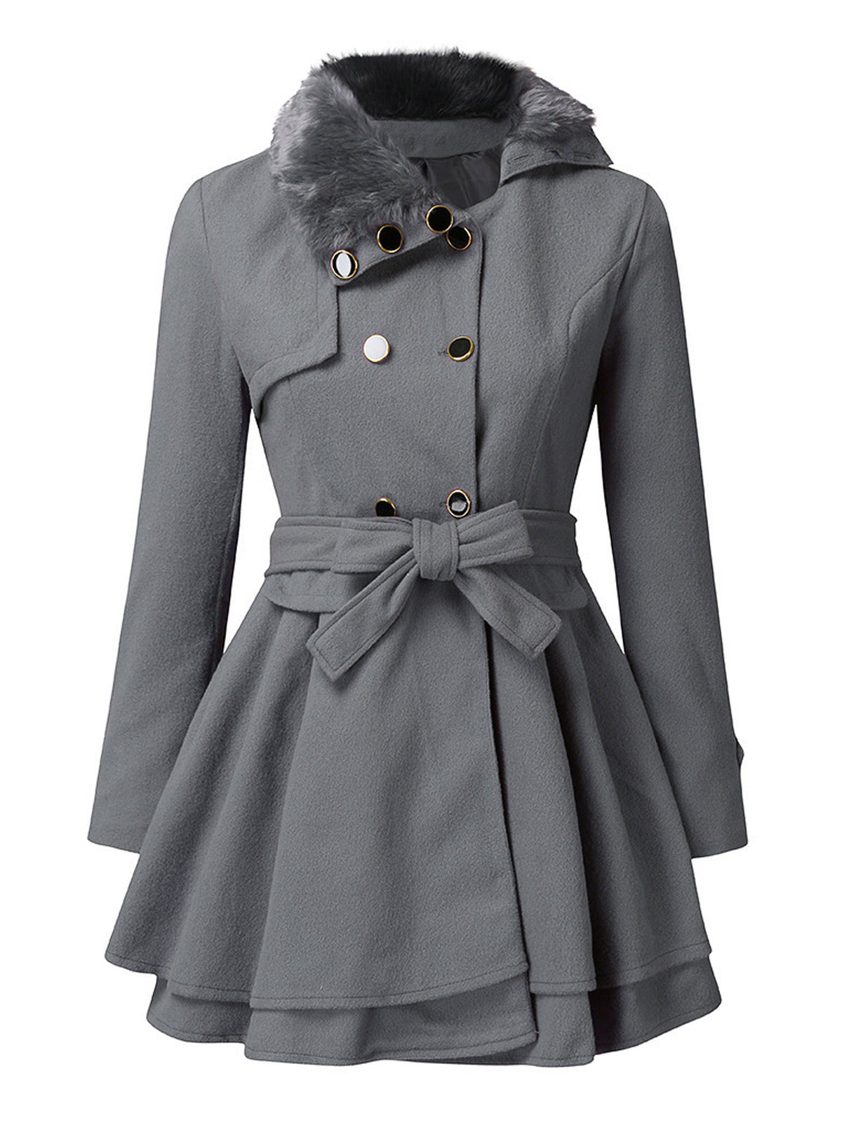 Faux Fur Collar Double‑Breasted Peplum Coat, Belted Short Winter Outerwear