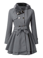 Faux Fur Collar Double‑Breasted Peplum Coat, Belted Short Winter Outerwear