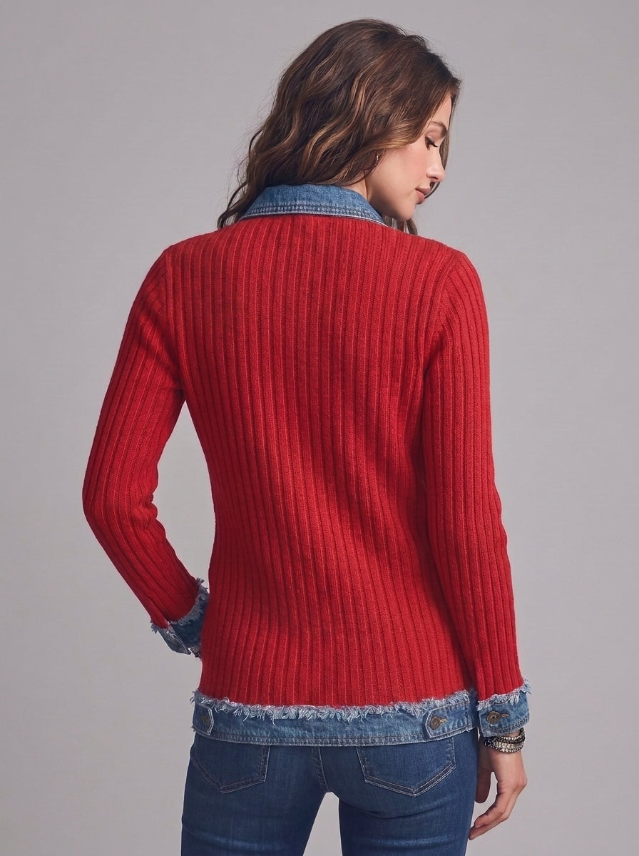 Women Red Ribbed Knit Denim Spliced Frayed Jacket Lapel Button Outerwear With Pockets