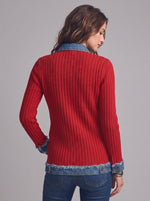 Women Red Ribbed Knit Denim Spliced Frayed Jacket Lapel Button Outerwear With Pockets