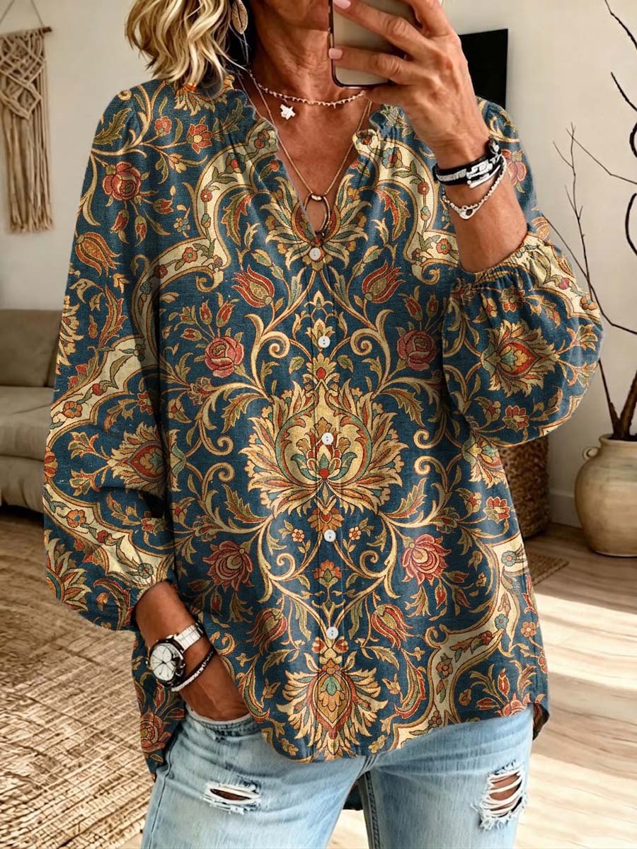 Retro Floral Pattern Art Print Casual Long Sleeve Cotton Linen Shirt