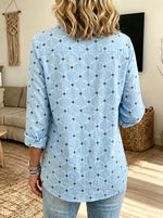 Women Blue Geometric Print Button Down Shirt Lapel Long Sleeve Loose Casual Blouse