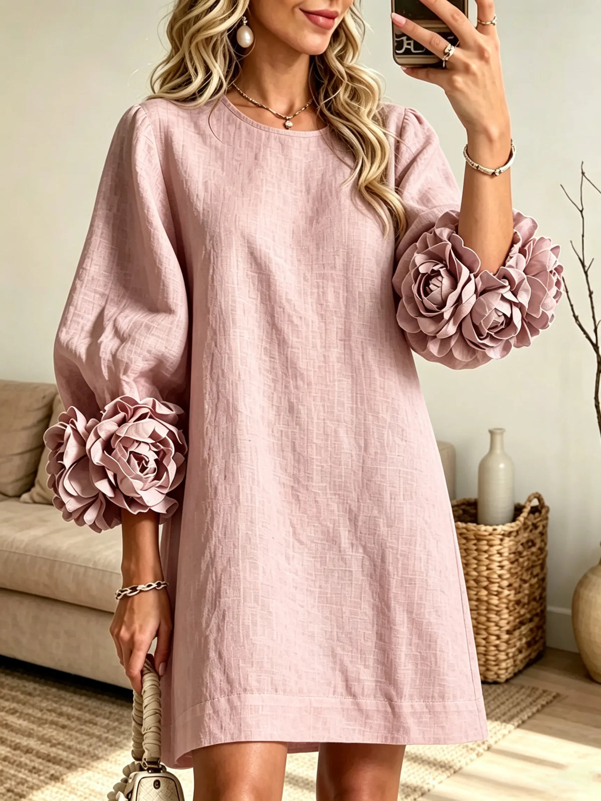 Women's 3D Floral Sleeve Linen Shift Dress