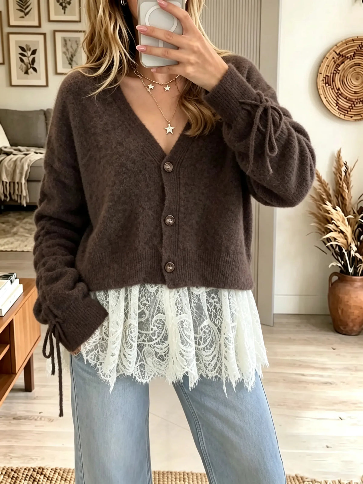 Women's Lace Trim Tie-Sleeve Buttoned Cardigan