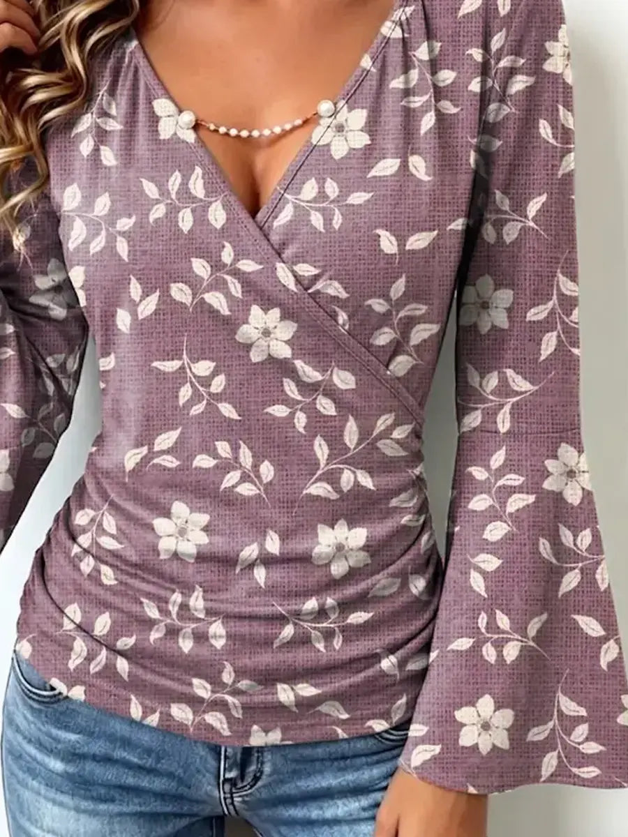 Retro Floral Pattern Art Print Casual Stylish Cotton V Collar Shirt