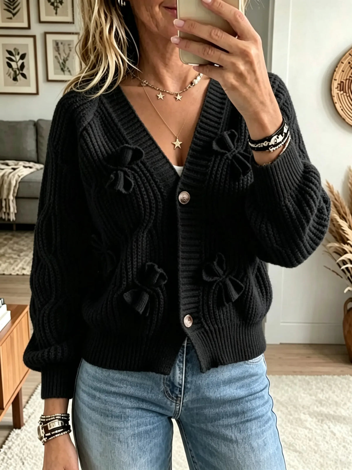 Women's 3D Bow Accent Cable Knit Cardigan