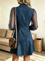 Women's Sheer Puff Sleeve Button-Down Denim Dress