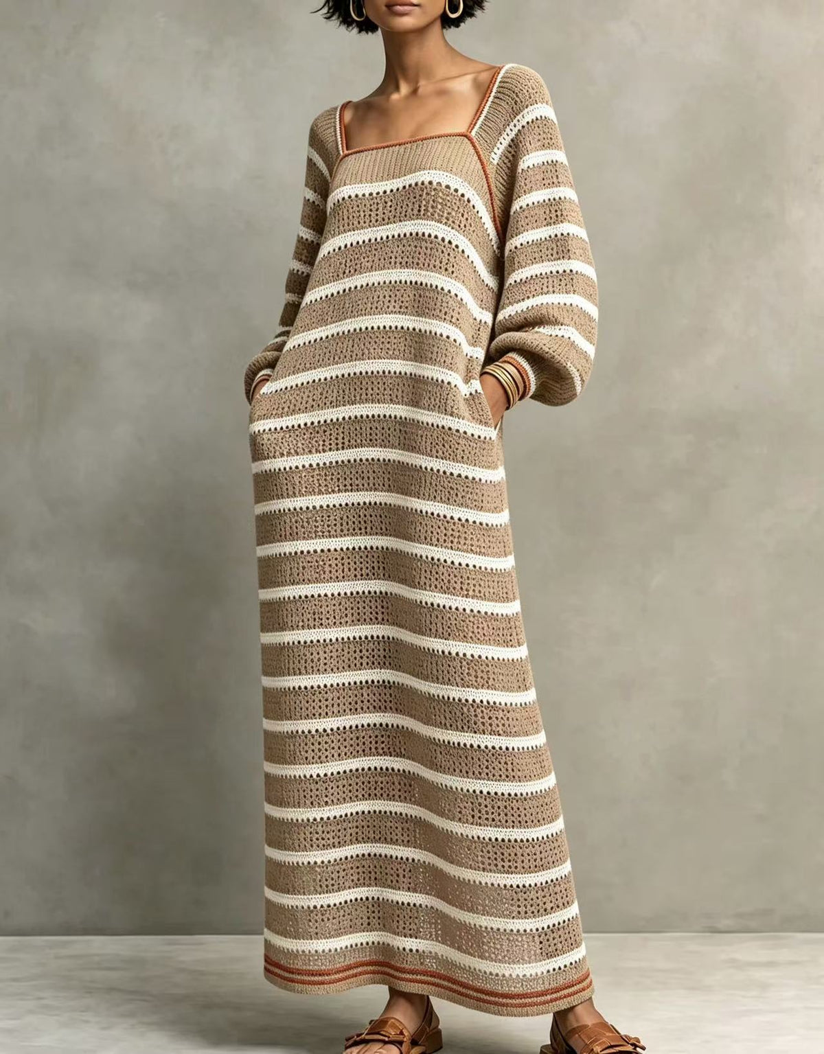 Women Square Neck Stripe Knit Long Sleeve Pocket Maxi Dress