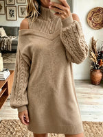 Mock Neck Cold Shoulder Cable Knit Sweater Dress Long Sleeve Mini Dress