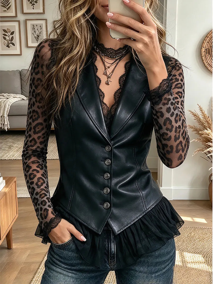 Vintage Elegant Pu Leather Patchwork Chiffon Vest