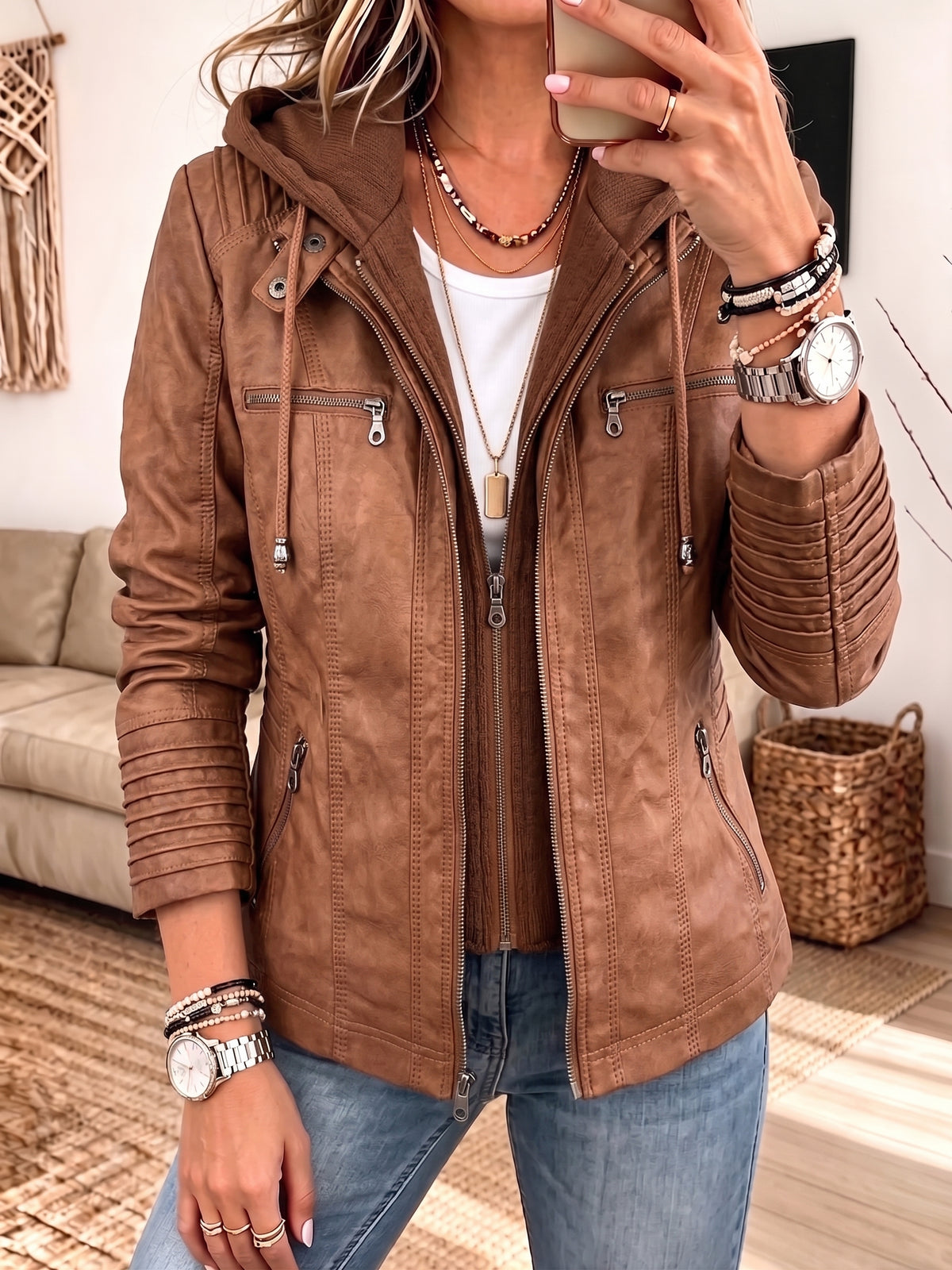 Women Detachable Hood Faux Leather Biker Jacket, Zip‑Up Slim Moto Coat With Multi Zipper Pockets
