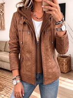 Women Detachable Hood Faux Leather Biker Jacket, Zip‑Up Slim Moto Coat With Multi Zipper Pockets