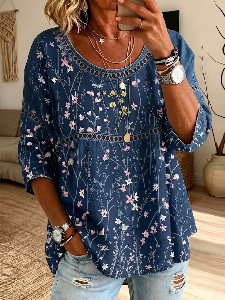 Women's Lace Hollow Out Wildflower Print 3/4 Sleeve Loose Blouse