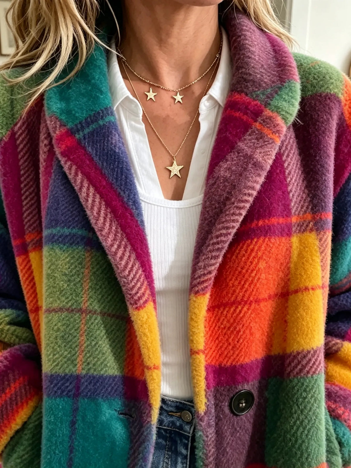 Women's Multi-Color Plaid Fleece Coat