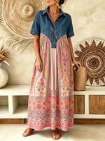 Women Ethnic Floral Geometric Print Short Sleeve Denim Spliced Maxi Dress
