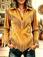 Women's Western Fringe Suede Pointed Hem Top