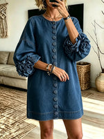 Women's Crew Neck Button Down Loose Short Denim Shift Dress