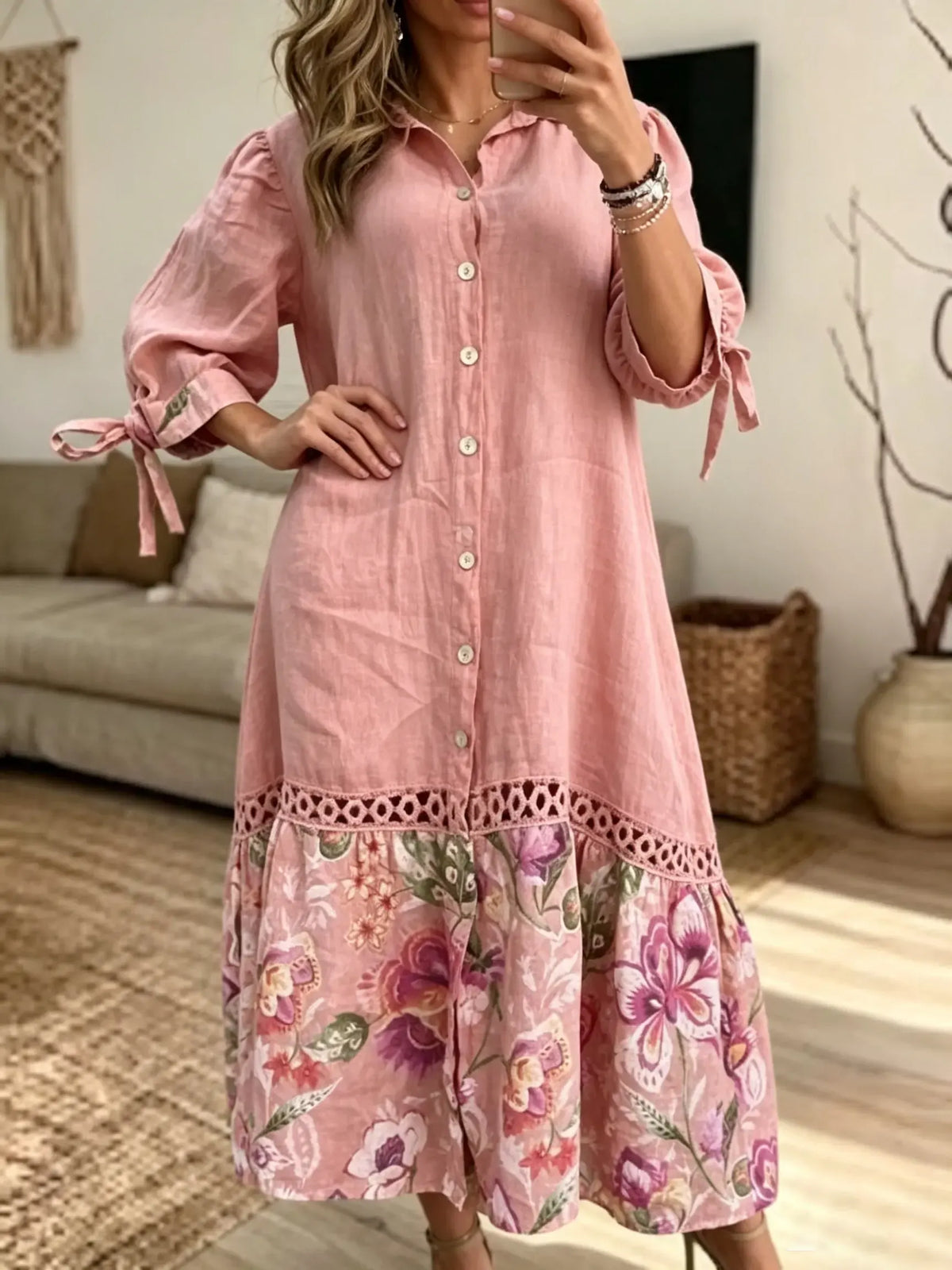 Women's Floral Print Crochet Shirt Dress