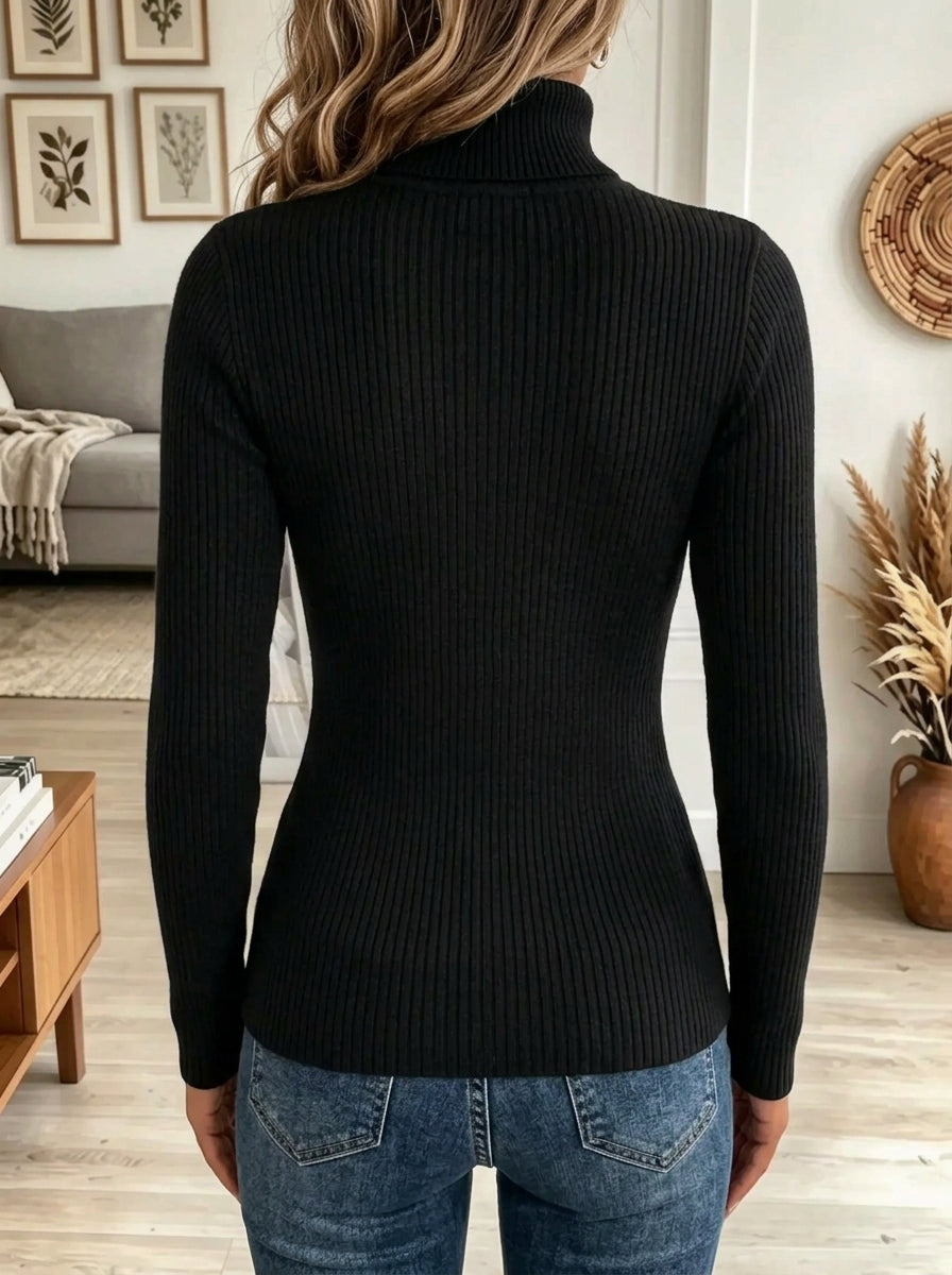 Women's Turtleneck Gold Button Shoulder Ribbed Sweater