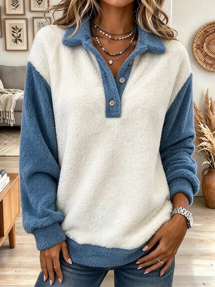 Women's Color Blocked Collared Plush Pullover Top