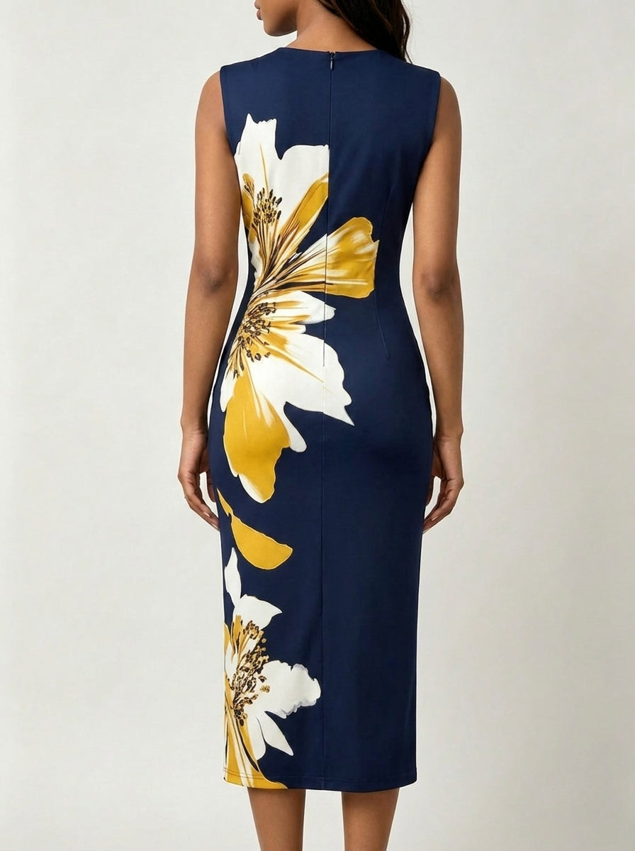 V Neck Sleeveless Large Floral Print Wrap Bodycon Midi Dress