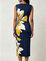V Neck Sleeveless Large Floral Print Wrap Bodycon Midi Dress
