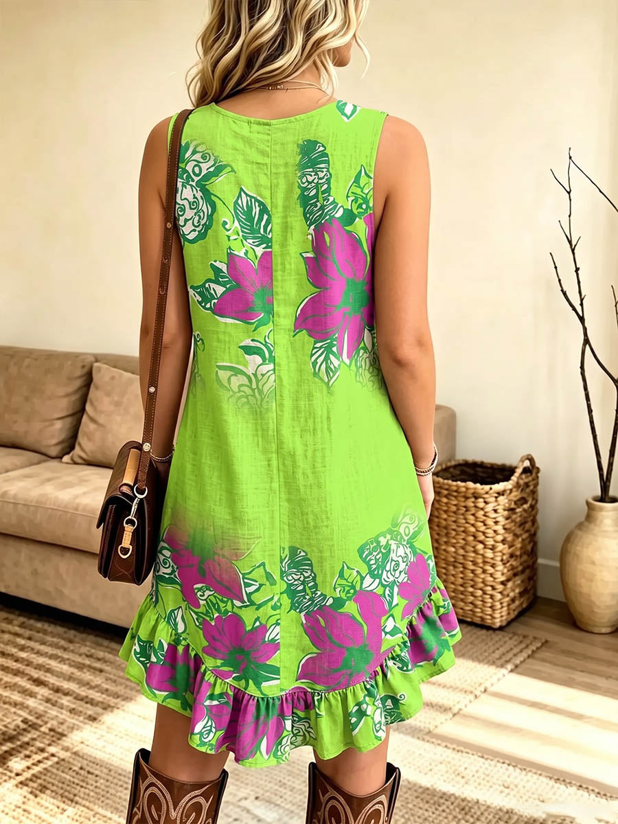 Vintage Elegant Patterned Print Patchwork Trim Ruffle Dress