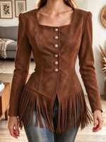Women's Vintage Faux Suede Fringe Jacket Square Neck Single Breasted Long Sleeve Coat
