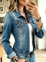 Women's 3D Flower Applique Fitted Denim Jacket
