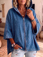 Women Oversized Hooded Denim Jacket Zip Front 3/4 Batwing Sleeve Loose Coat With Pockets