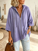 Women Solid Texture 3/4 Sleeve Zip Up Hooded Knit Top