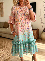 Gradient Ditsy Floral Ruffle Sleeve Midi Dress With Pockets