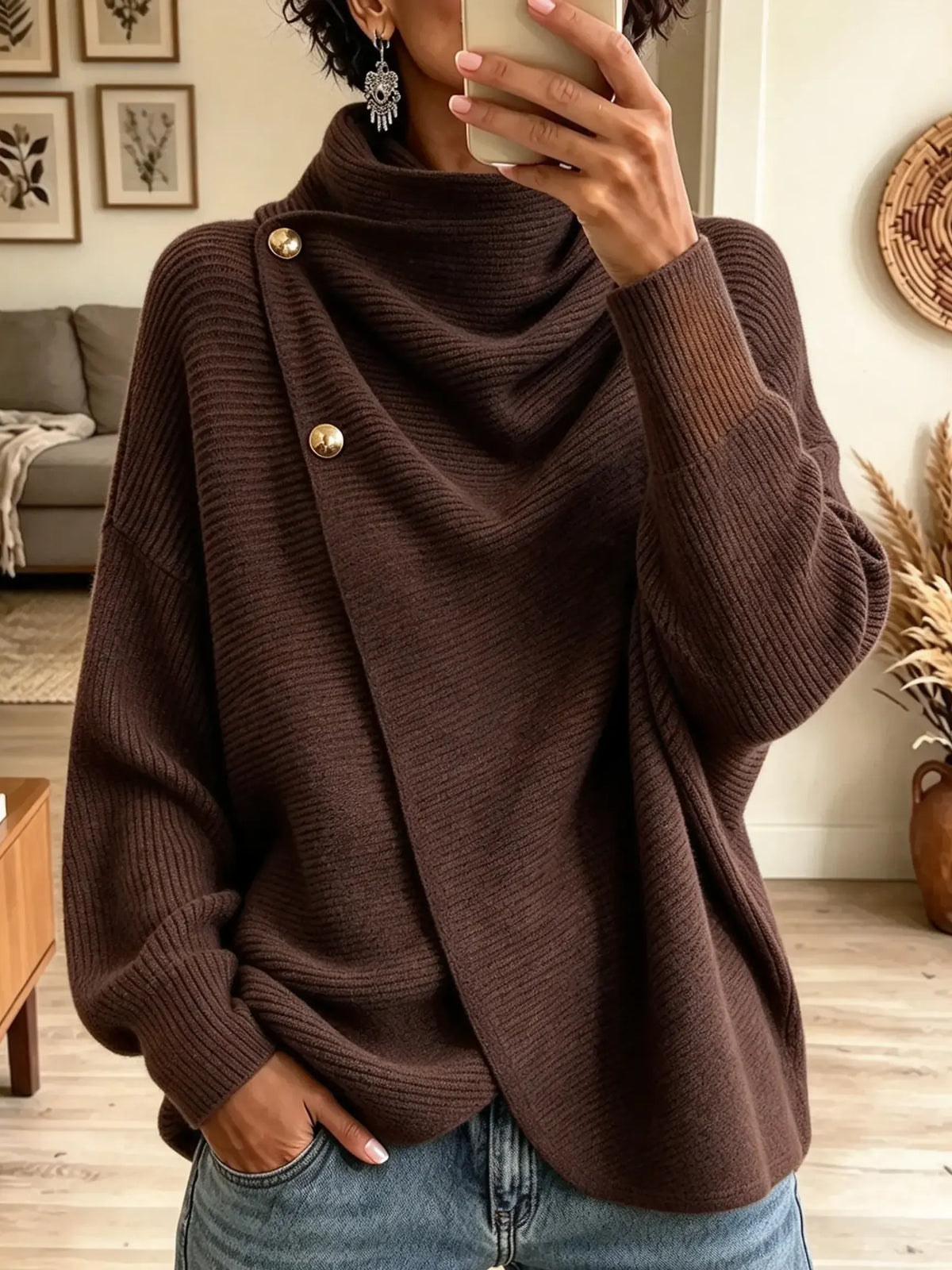 Women's Asymmetrical Foldover Cowl Neck Knit Sweater